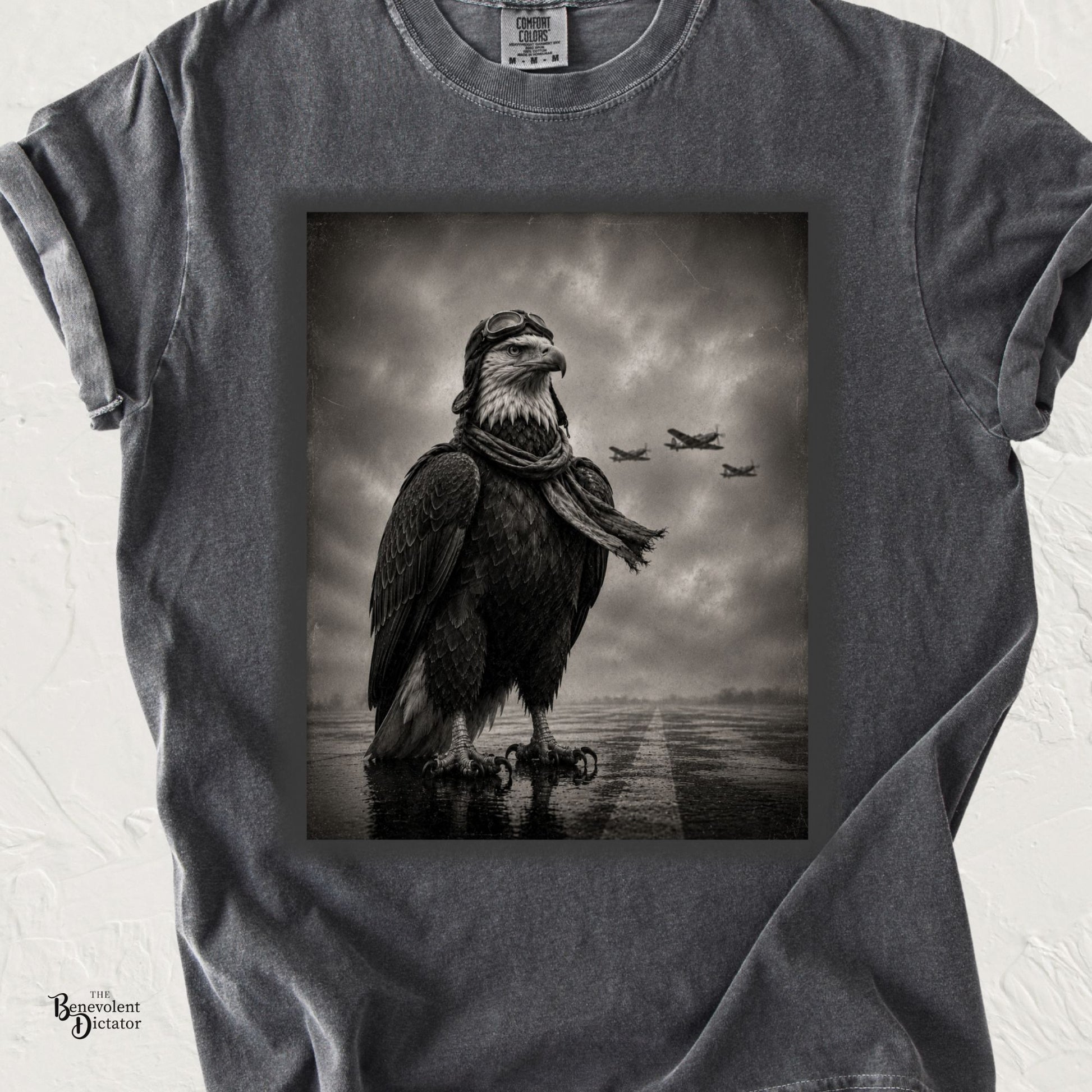 Vintage black-and-white illustration of a determined eagle wearing aviator goggles and a scarf while standing on a rainy runway with a small formation of vintage aircraft flying overhead.