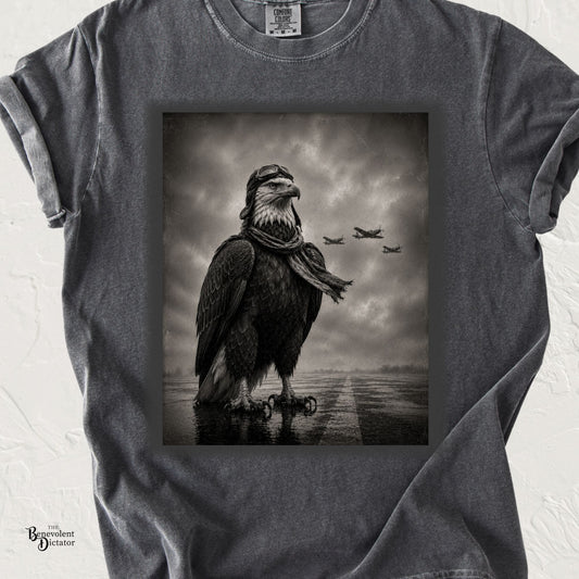 Vintage black-and-white illustration of a determined eagle wearing aviator goggles and a scarf while standing on a rainy runway with a small formation of vintage aircraft flying overhead.