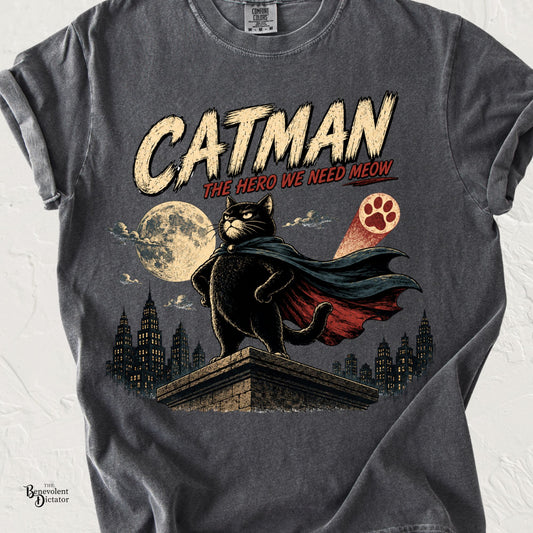Catman Retro Comic T-Shirt — Vintage Superhero Cat The Hero We Need Meow Design