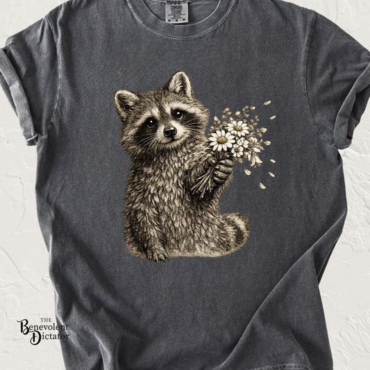 Raccoon with Wildflower Bouquet T-Shirt — Cute Animal Gift Tee
