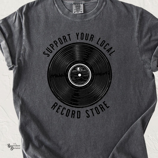 Vintage Support Your Local Record Store graphic tee with distressed vinyl record illustration and retro typography
