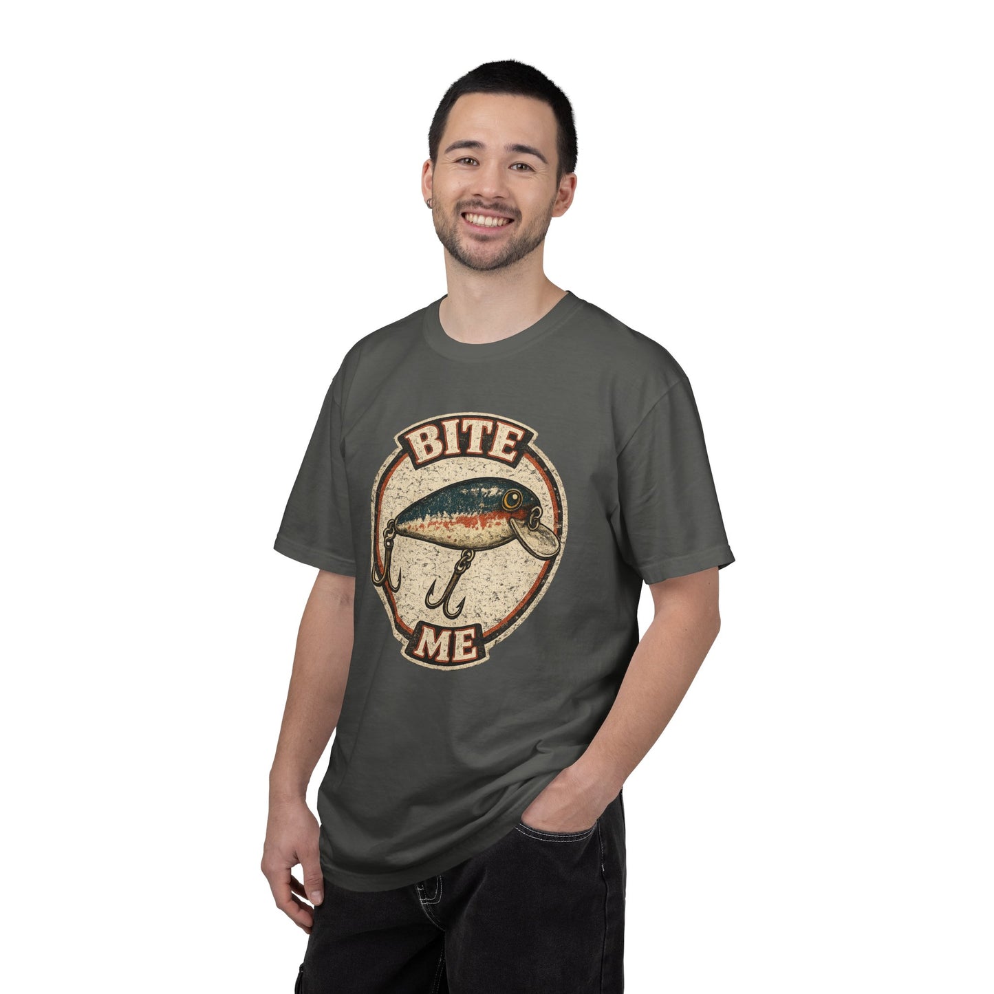 Vintage "Bite Me" Fishing Lure Badge T-Shirt