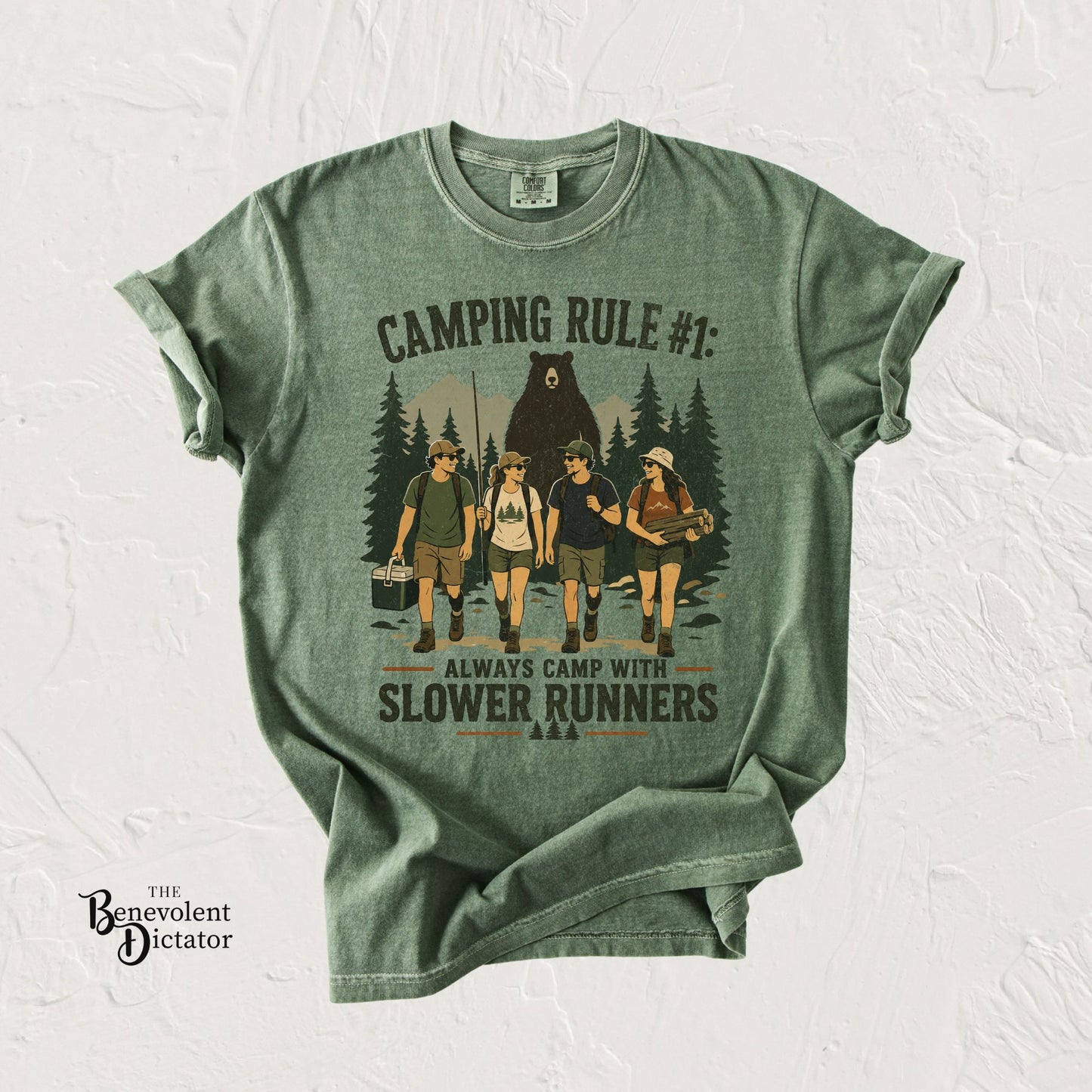 Camping Rule T-Shirt — “Always Camp with Slower Runners” Vintage Outdoor Tee