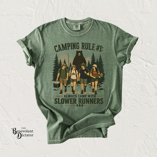 Camping Rule T-Shirt — “Always Camp with Slower Runners” Vintage Outdoor Tee