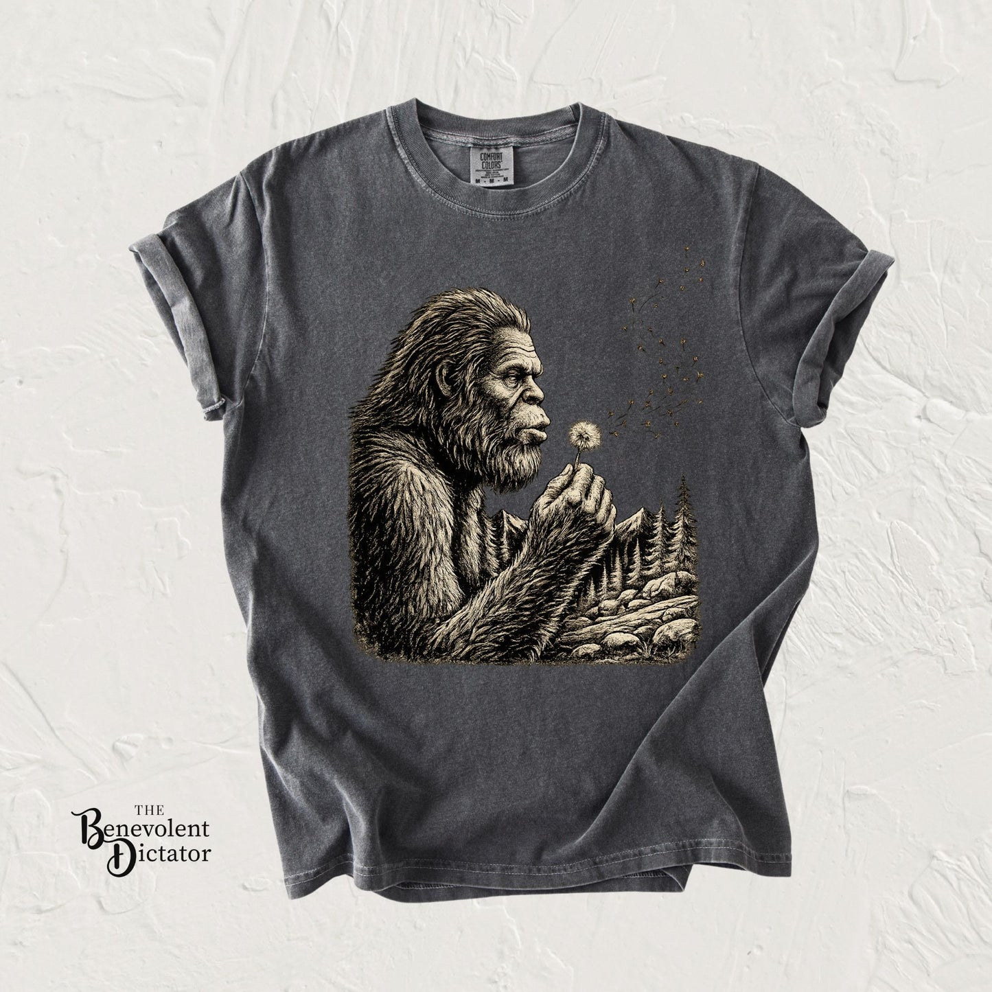 Bigfoot Blowing Dandelion Wish T-Shirt — Sasquatch Hiking Camper Tee
