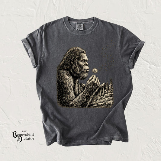 Bigfoot Blowing Dandelion Wish T-Shirt — Sasquatch Hiking Camper Tee