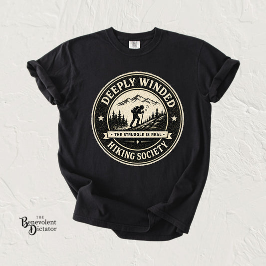 Deeply Winded Hiking Society T-Shirt — Playful Hiker Badge Design
