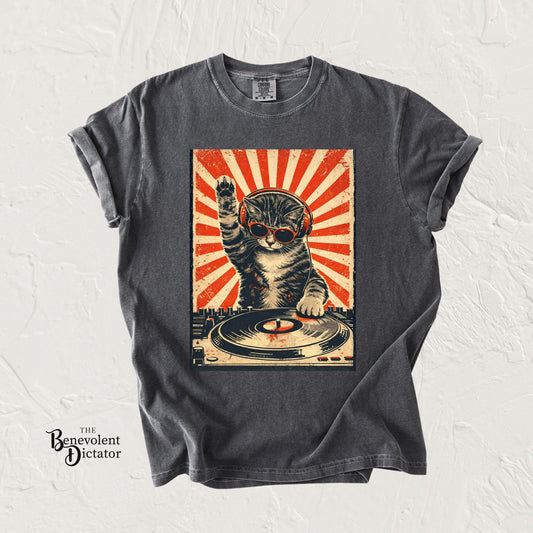 Retro DJ Cat T-Shirt — Vintage Sunburst Distressed Poster Design