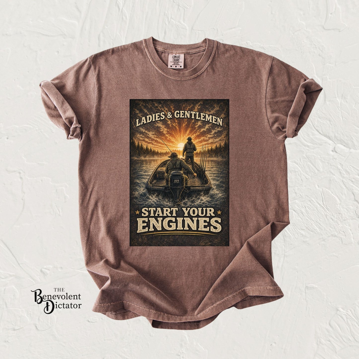 Fishing T-Shirt — "Ladies and Gentlemen, Start Your Engines" Retro Racing Boat Design