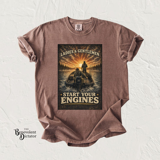 Fishing T-Shirt — "Ladies and Gentlemen, Start Your Engines" Retro Racing Boat Design