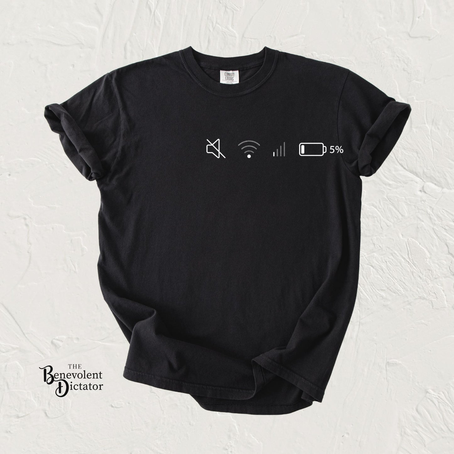 Low Battery • Muted • Low Wi‑Fi T-Shirt — Tech Life Indicator