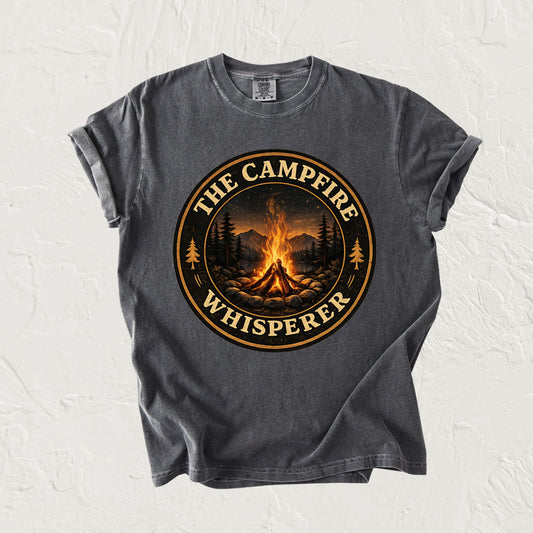 Campfire Whisperer T-Shirt — Retro Outdoor Camping Badge Tee