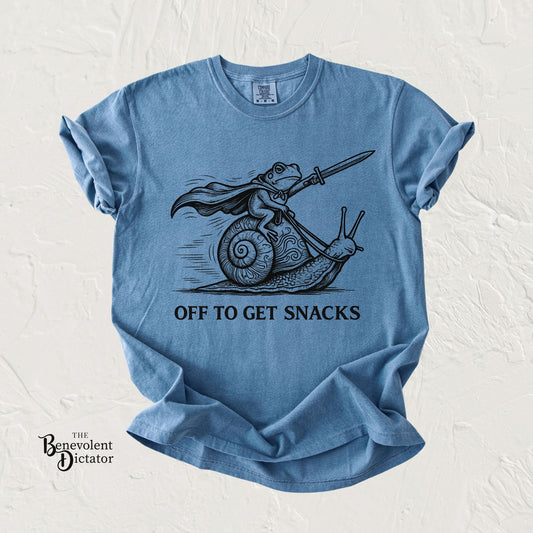Frog Knight Riding Snail T-Shirt — "OFF TO GET SNACKS"