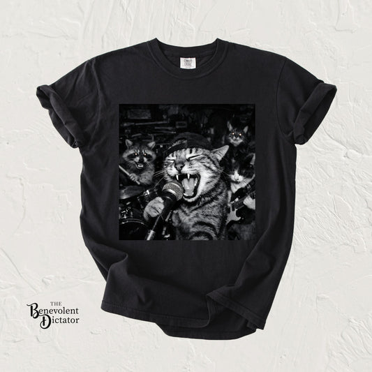 Garage Band Animals T-Shirt — 'Rocking Out' Cat & Squirrel Photorealistic Tee