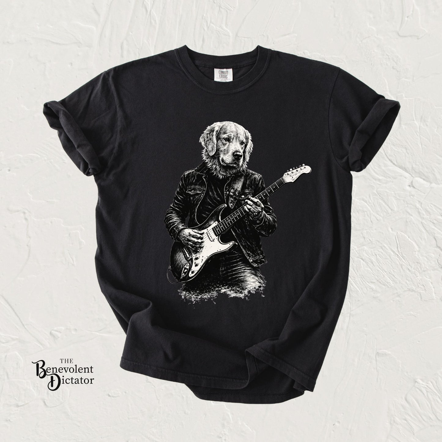 Golden Retriever Guitar Tee — Golden Playing Electric Guitar Design