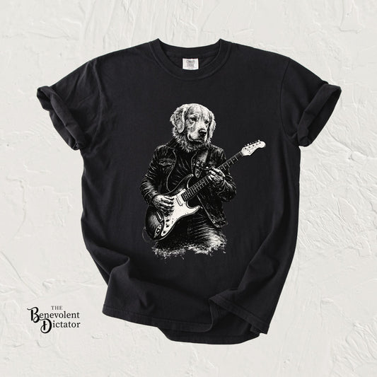 Golden Retriever Guitar Tee — Golden Playing Electric Guitar Design