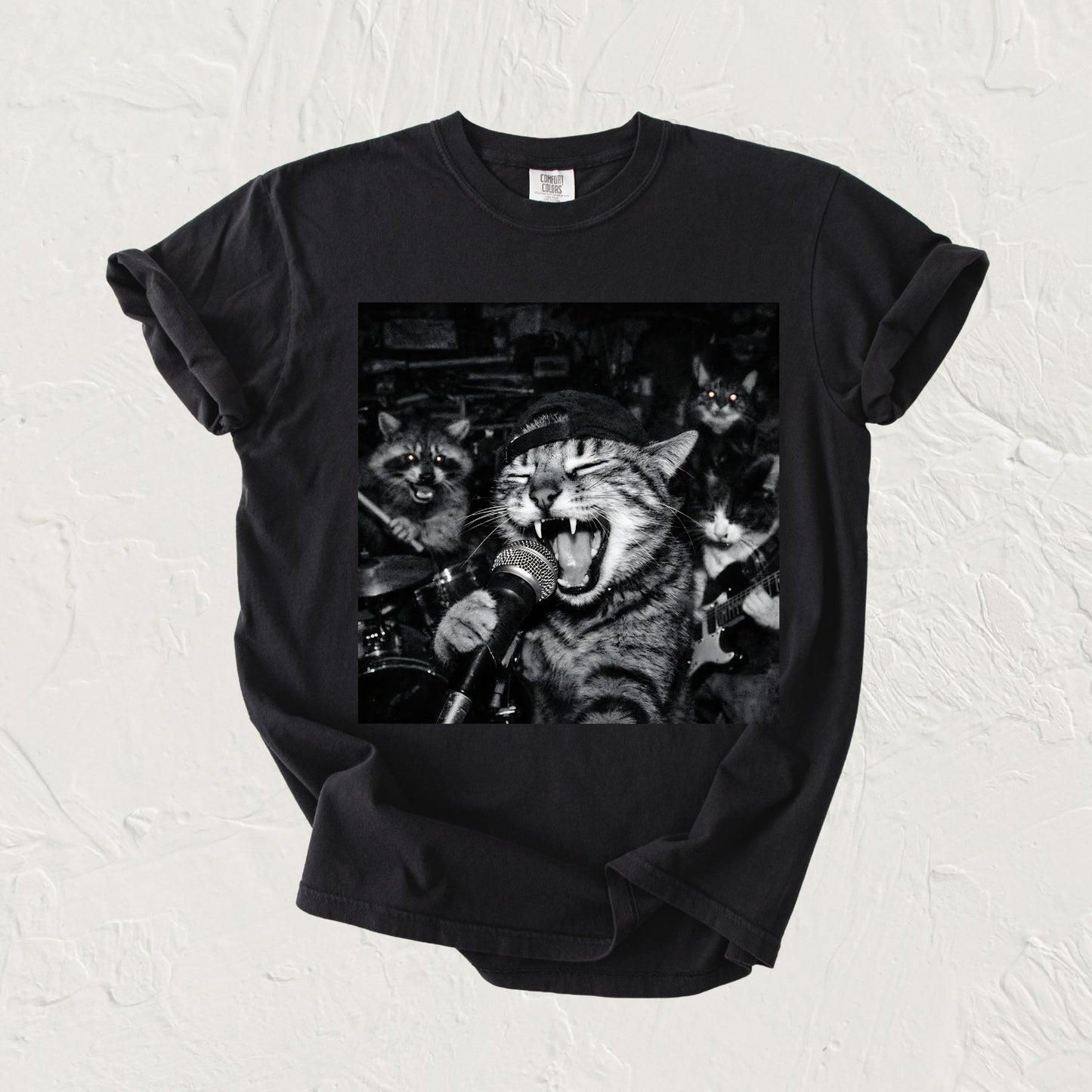 Garage Band Cat T-Shirt – Funny Rock Band Cat Tee – Vintage Punk Animal Shirt – Raccoon & Cat Graphic Tee – Unisex Music Lover Shirt