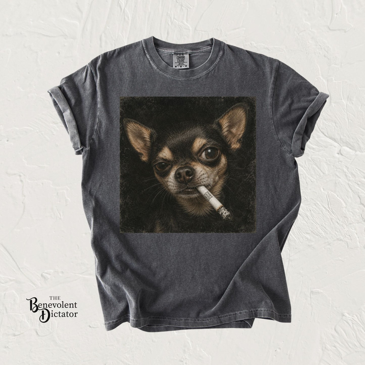 Tough Side-Eye Chihuahua T-Shirt — Distressed Photo Realistic ’Paws Cause Cancer’ Design