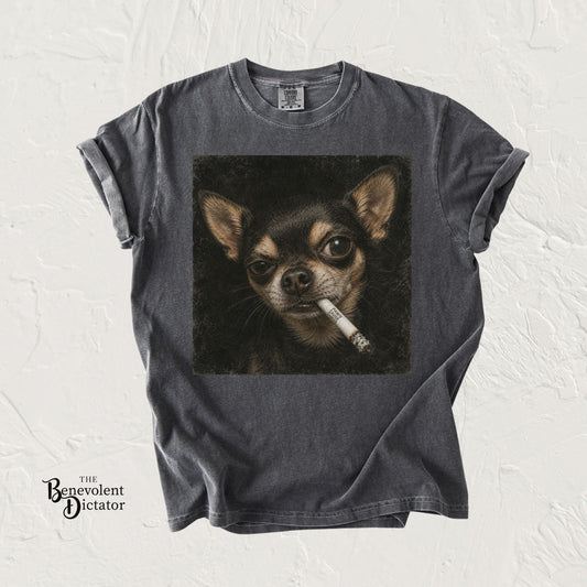 Tough Side-Eye Chihuahua T-Shirt — Distressed Photo Realistic ’Paws Cause Cancer’ Design