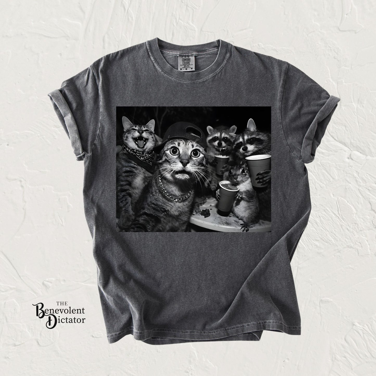 Backyard Wildlife Party T-Shirt — Funny Raccoon, Cat & Squirrel Caught in the Act