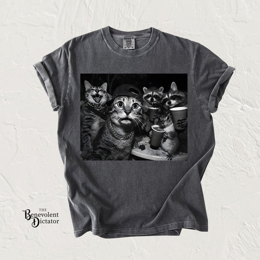 Backyard Wildlife Party T-Shirt — Funny Raccoon, Cat & Squirrel Caught in the Act