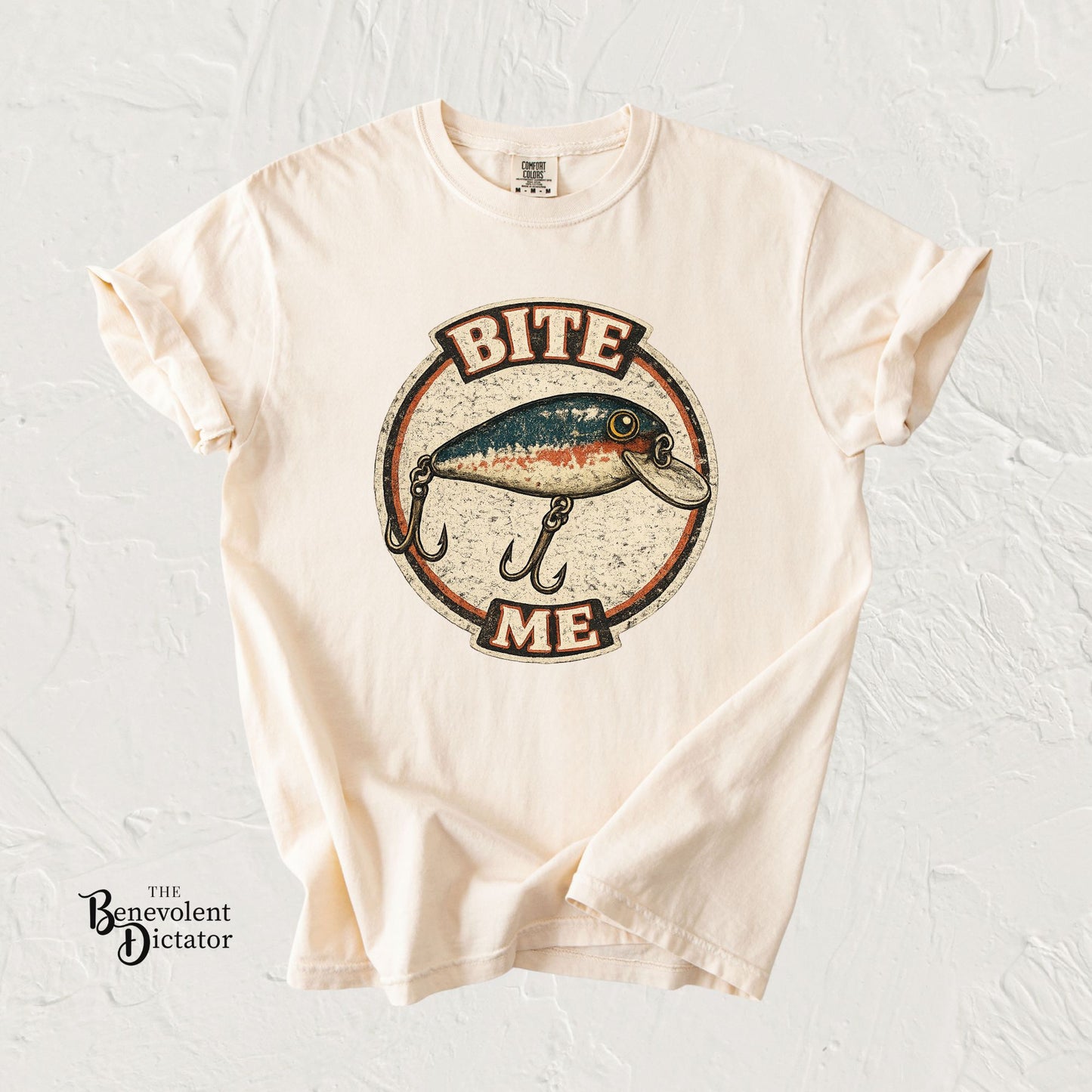 Vintage "Bite Me" Fishing Lure Badge T-Shirt