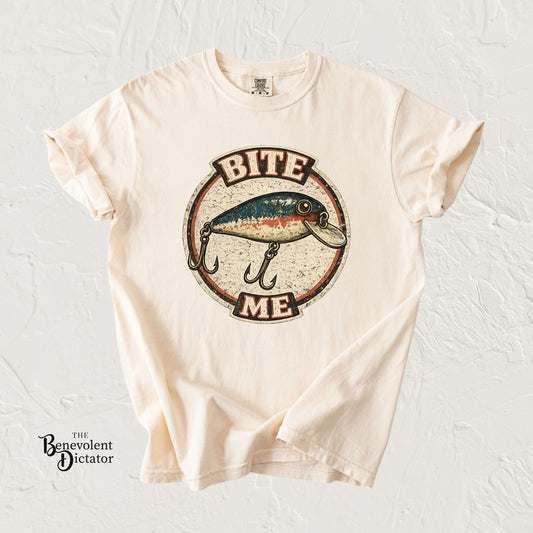 Vintage "Bite Me" Fishing Lure Badge T-Shirt