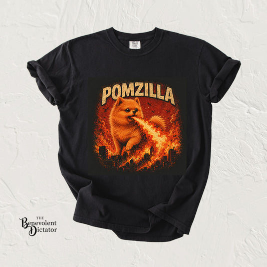 Pomzilla Funny Pomeranian Monster T-Shirt | Retro Kaiju Dog Graphic Tee | Vintage Fire-Breathing Pom Shirt