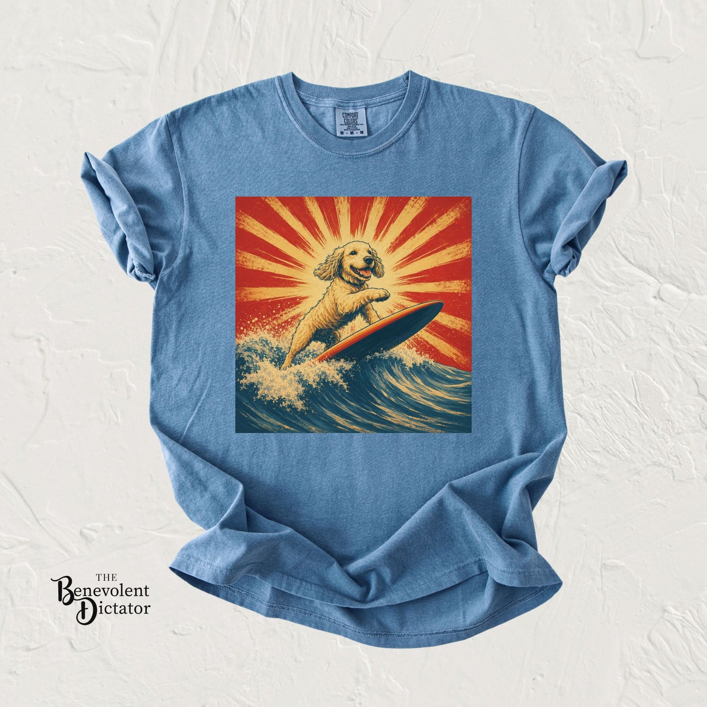 Retro Surfing Doodle Dog T-Shirt | Vintage Beach Dog Graphic Tee | Funny Coastal Summer Shirt
