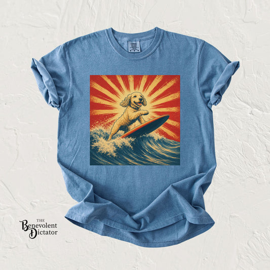 Retro Surfing Doodle Dog T-Shirt | Vintage Beach Dog Graphic Tee | Funny Coastal Summer Shirt