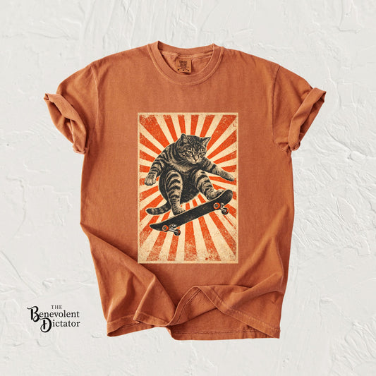 Skateboarding Cat Graphic T-Shirt | Retro Sunburst Skateboard Tee