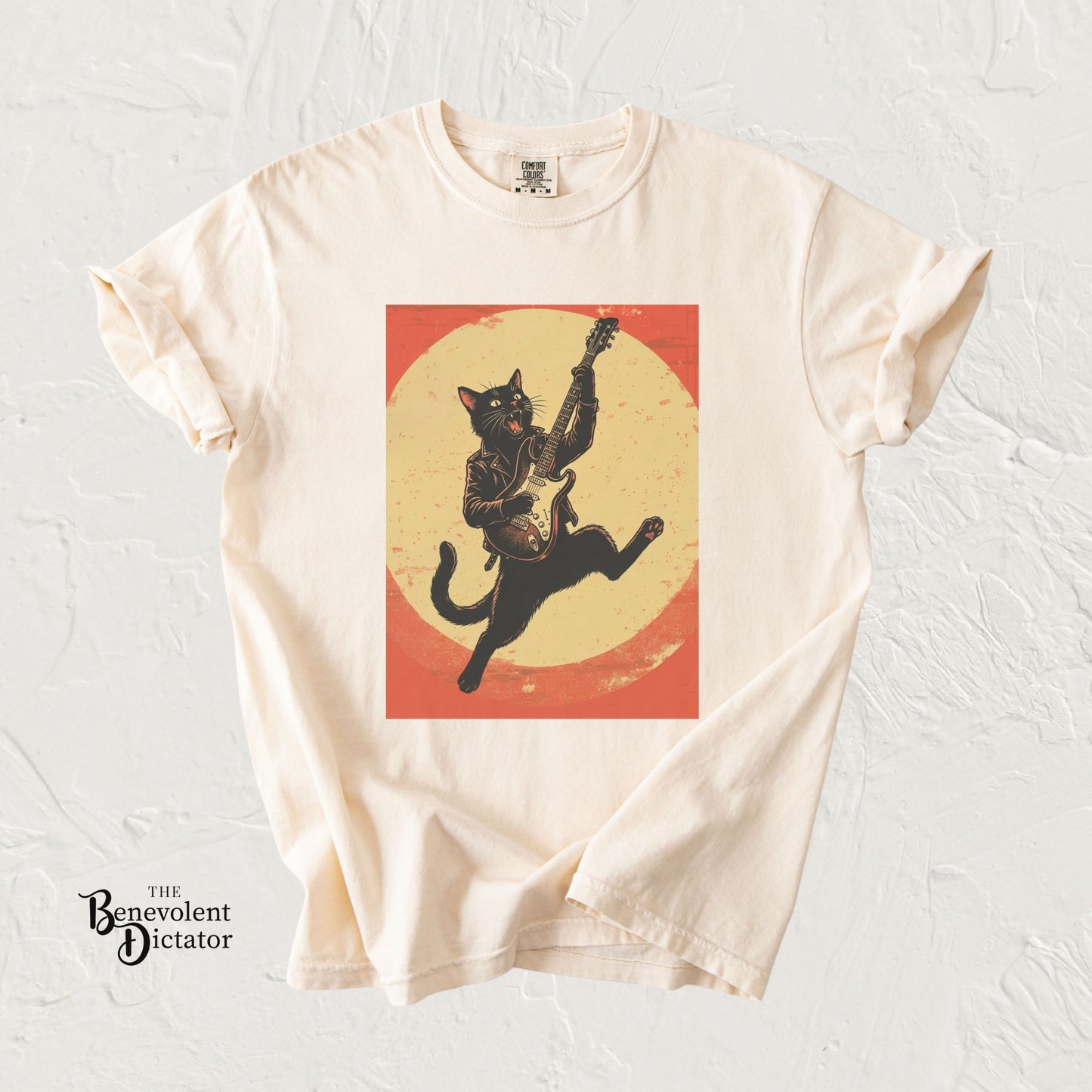 Retro Distressed Black Cat Rocker T-Shirt — Jumping Guitar Vintage Tee