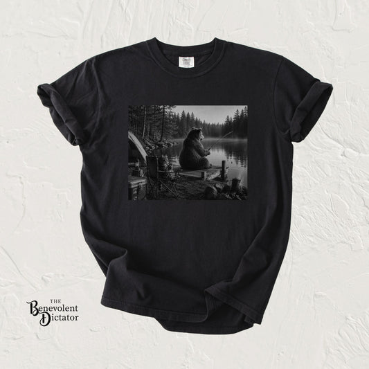 Campground Bear & Cat Fishing T-Shirt — Daytime Camping Scene, 'Coffee & Catch'
