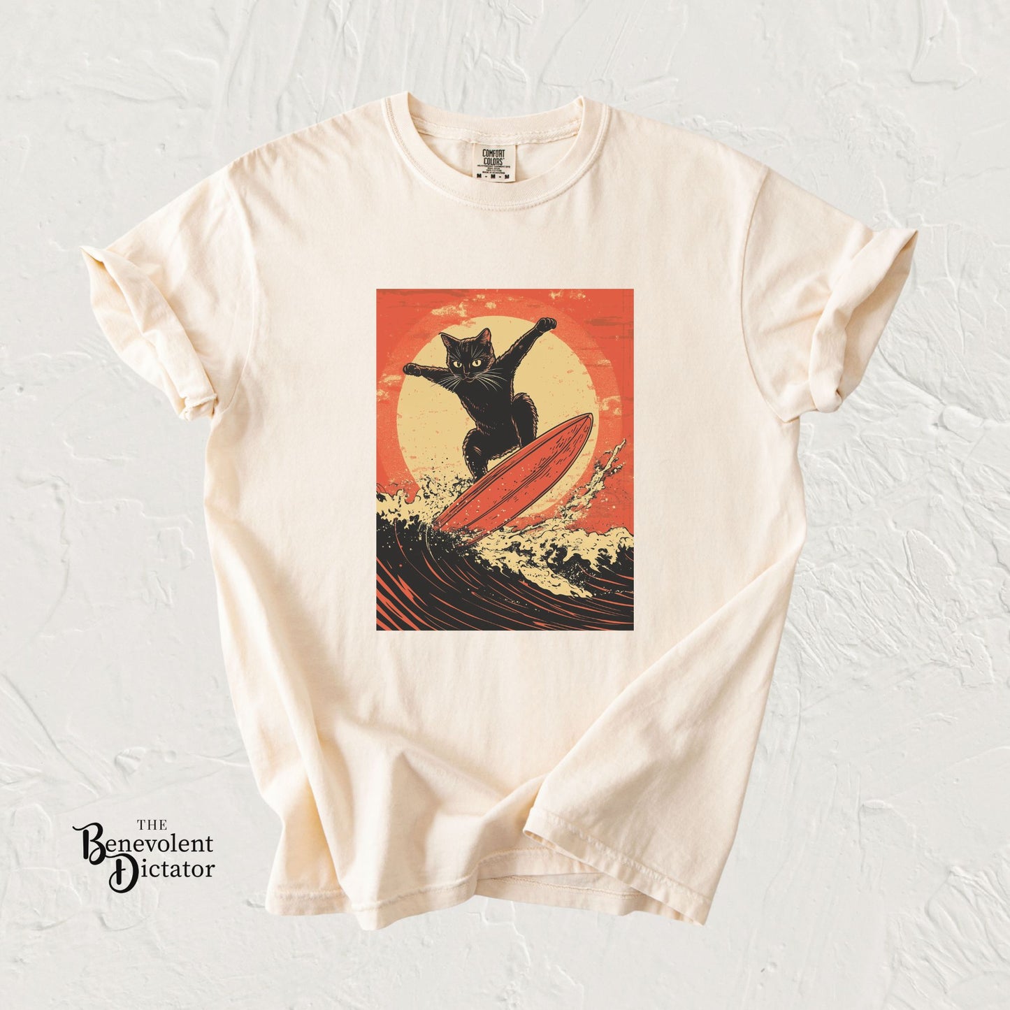 Retro Black Cat Surfing T-Shirt — Vintage Surf Poster Tee