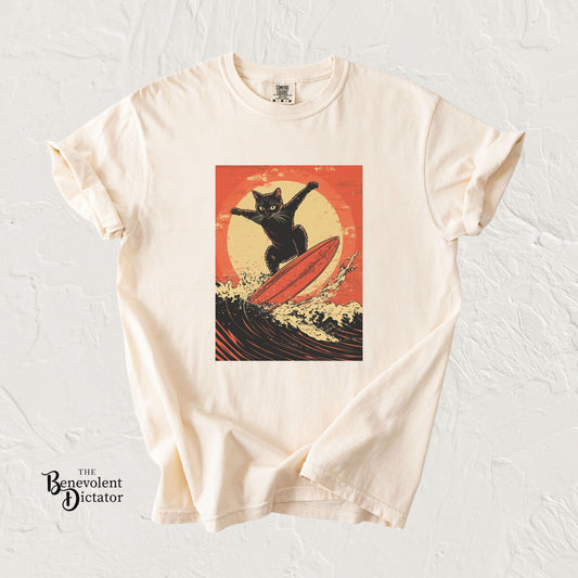Retro Black Cat Surfing T-Shirt — Vintage Surf Poster Tee
