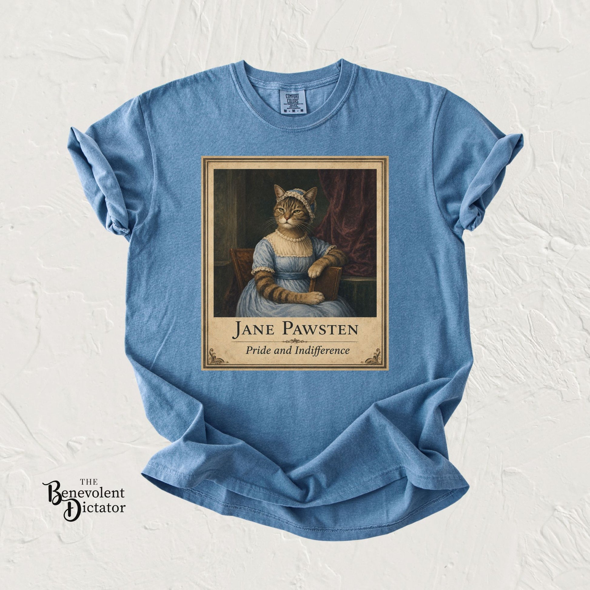 Vintage literary cat t-shirt featuring Jane Pawsten parody artwork with the phrase Pride and Indifference.