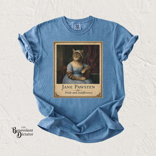 Vintage literary cat t-shirt featuring Jane Pawsten parody artwork with the phrase Pride and Indifference.