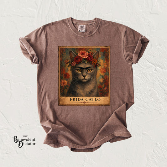 Frida Catlo Art Parody T-Shirt — Funny Frida Kahlo Cat with Flower Crown