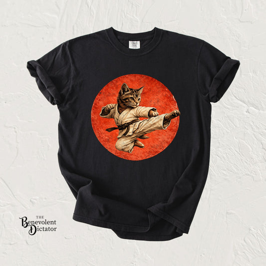 Vintage Retro Karate Kitten T-Shirt – Distressed Orange Circle Design