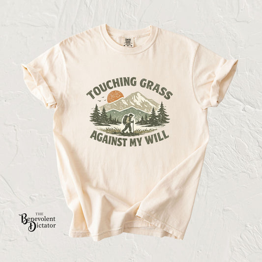 anti hustle t-shirt with nature-themed graphic and text on a light gray background