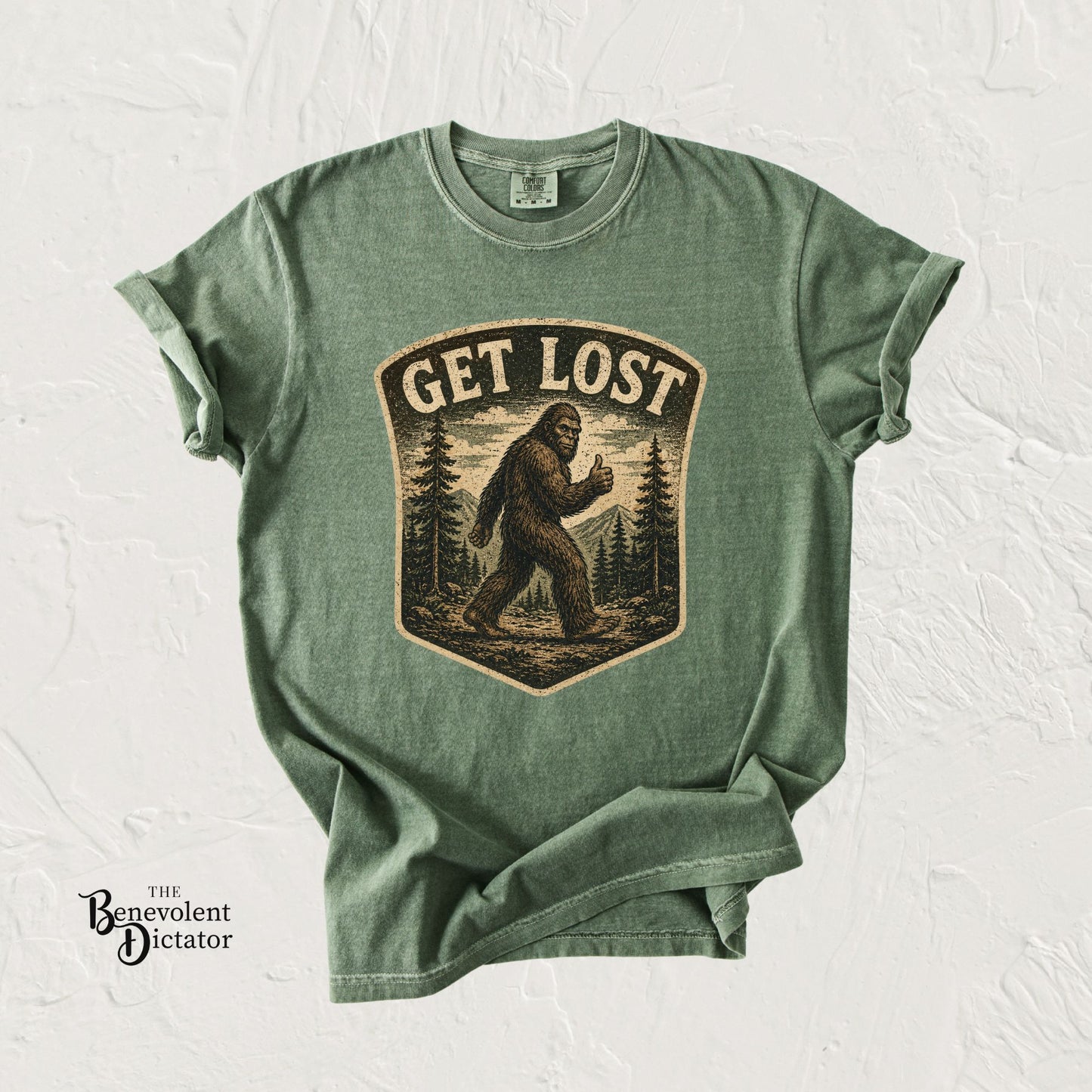 GET LOST Bigfoot Vintage Badge T-shirt — Retro Camping & Hiking Tee