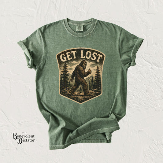GET LOST Bigfoot Vintage Badge T-shirt — Retro Camping & Hiking Tee