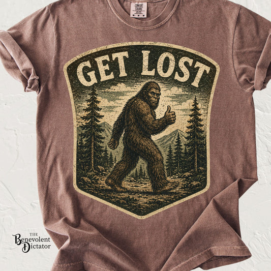 GET LOST Bigfoot Vintage Badge T-shirt — Retro Camping & Hiking Tee