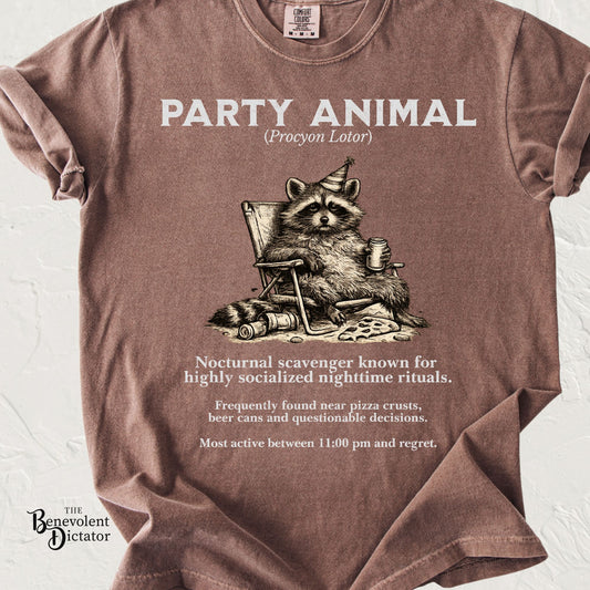 Vintage Raccoon Field Guide T-Shirt — 'Nocturnal Party Animal' Graphic Tee