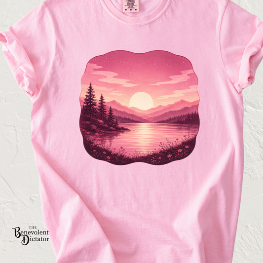 Feminine Lakescape Sunset T-shirt — Pink Outdoor Hiking & Camping Tee