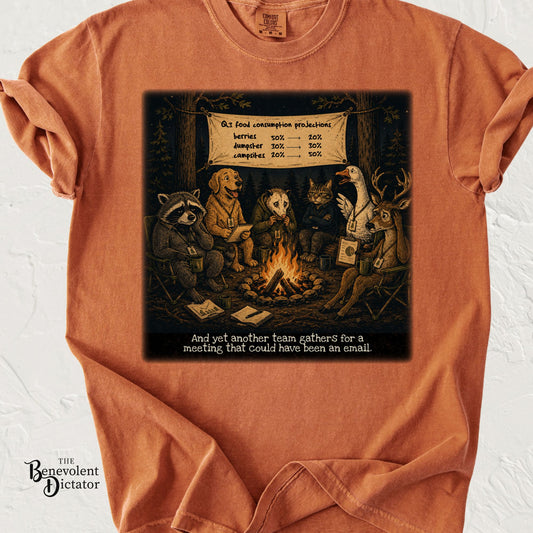 Funny camping t-shirt featuring woodland animals around a campfire holding a business meeting with the caption And yet another team meeting that could have been an email.