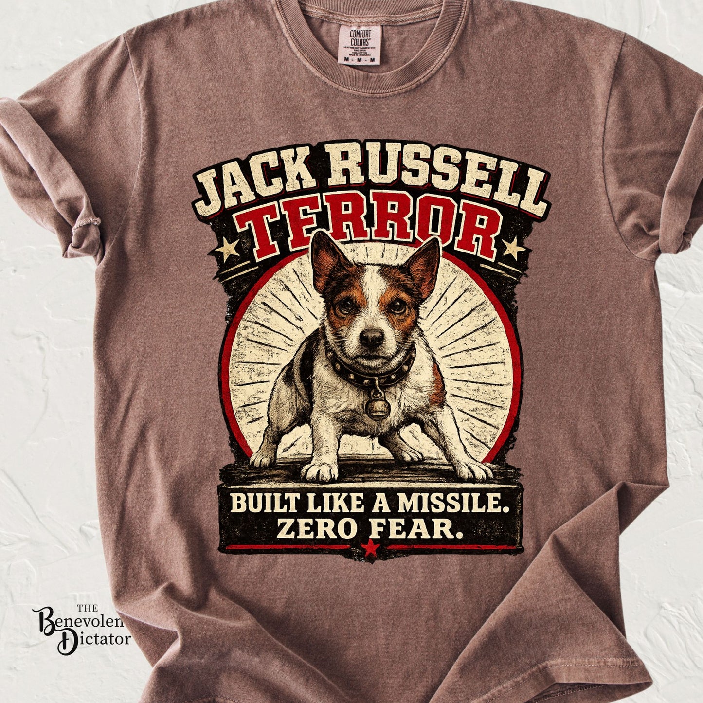 Funny Jack Russell Terrier t-shirt featuring a bold vintage dog graphic with the phrase Jack Russell Terror and Built Like a Missile. Zero Fear.