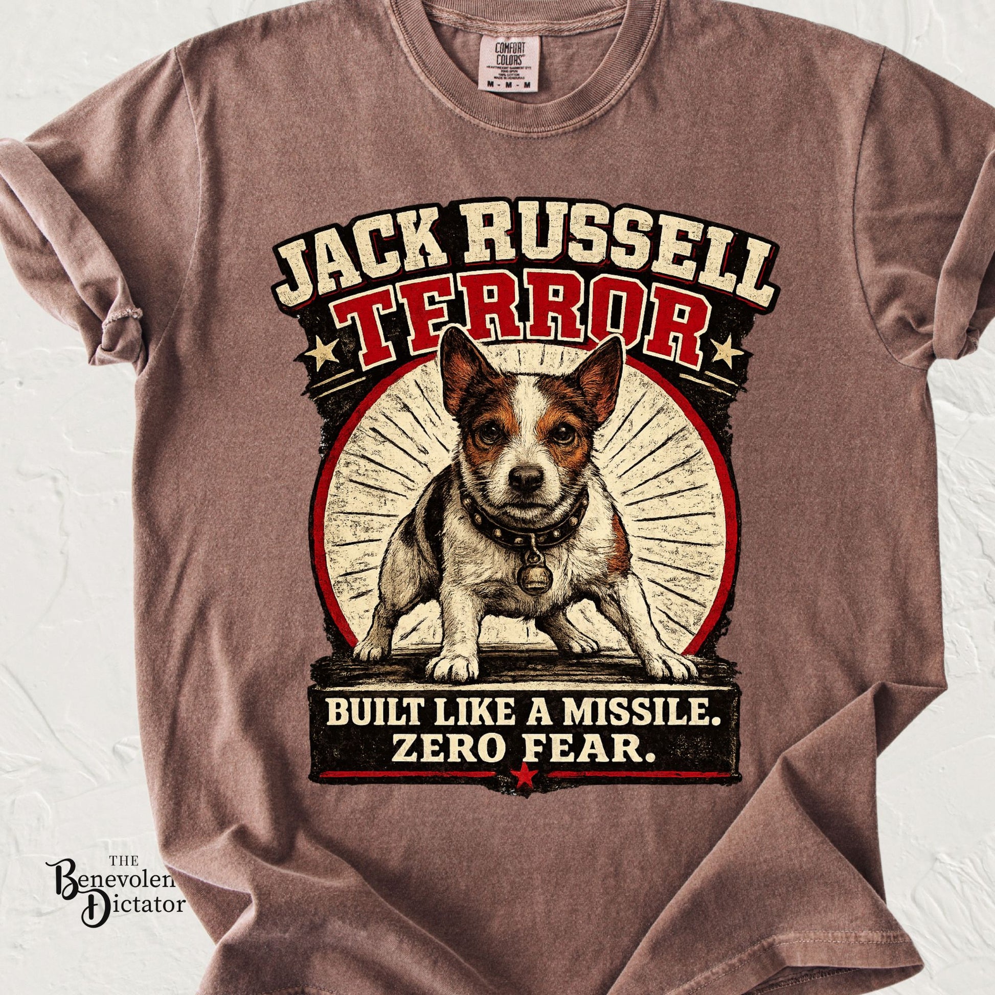 Funny Jack Russell Terrier t-shirt featuring a bold vintage dog graphic with the phrase Jack Russell Terror and Built Like a Missile. Zero Fear.