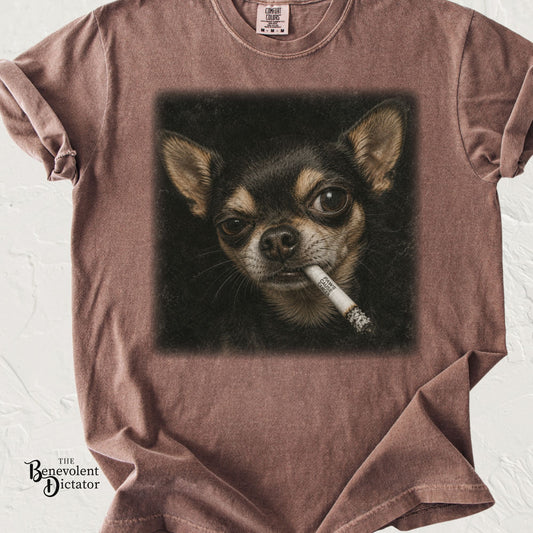 Tough Side-Eye Chihuahua T-Shirt — Distressed Photo Realistic ’Paws Cause Cancer’ Design