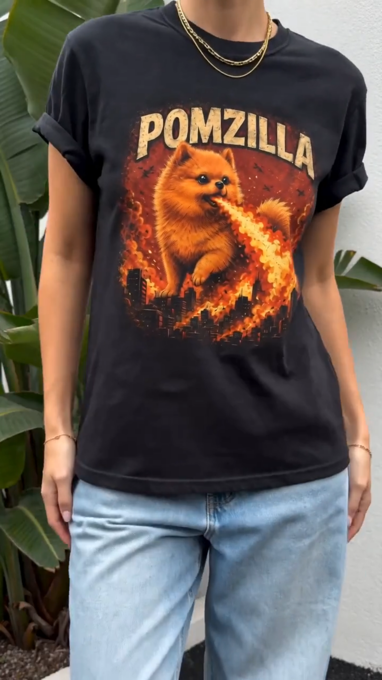 Pomzilla Funny Pomeranian Monster T-Shirt | Retro Kaiju Dog Graphic Tee | Vintage Fire-Breathing Pom Shirt